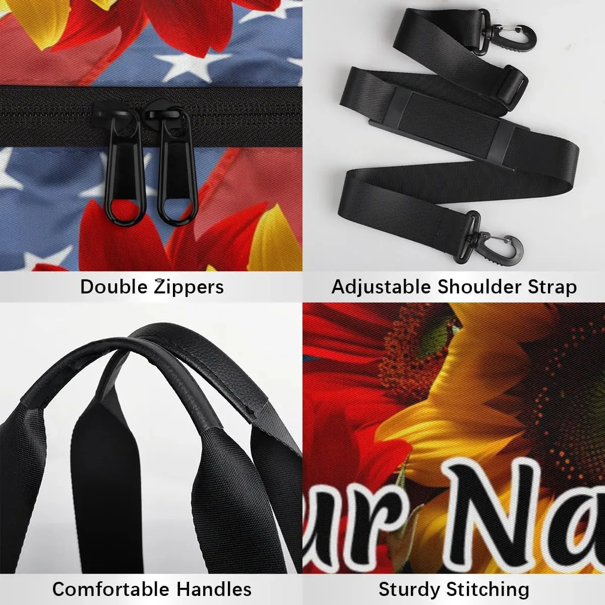 Personalized Duffel Bag for Women, Custom American Flag Gym Bag for Sports, Waterproof Dance Bag with Name, Lightweight Carryon Gym Bag, Memorial Day Flowers