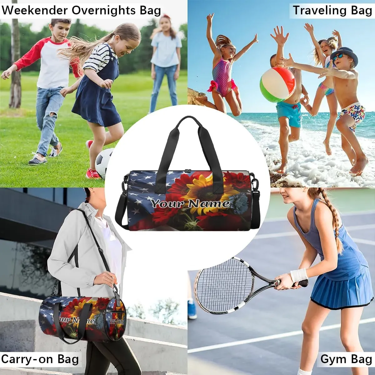 Personalized Duffel Bag for Women, Custom American Flag Gym Bag for Sports, Waterproof Dance Bag with Name, Lightweight Carryon Gym Bag, Memorial Day Flowers
