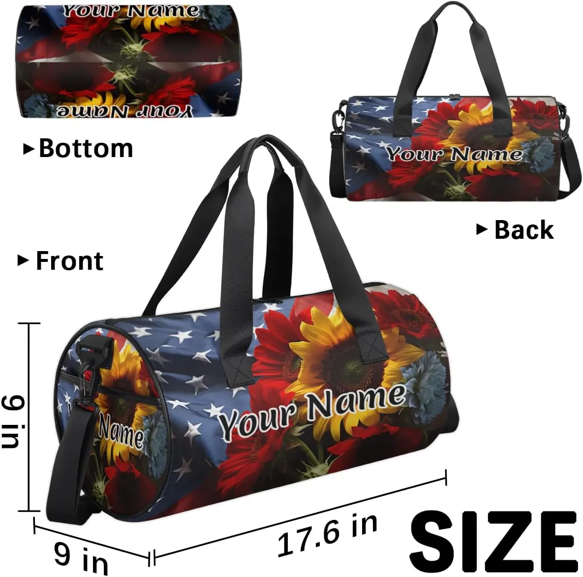 Personalized Duffel Bag for Women, Custom American Flag Gym Bag for Sports, Waterproof Dance Bag with Name, Lightweight Carryon Gym Bag, Memorial Day Flowers