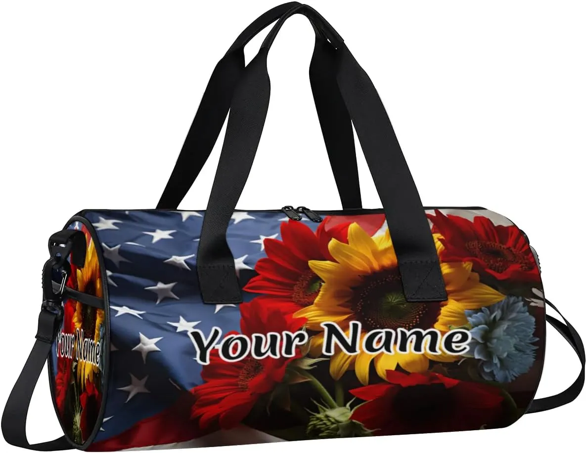 Personalized Duffel Bag for Women, Custom American Flag Gym Bag for Sports, Waterproof Dance Bag with Name, Lightweight Carryon Gym Bag, Memorial Day Flowers