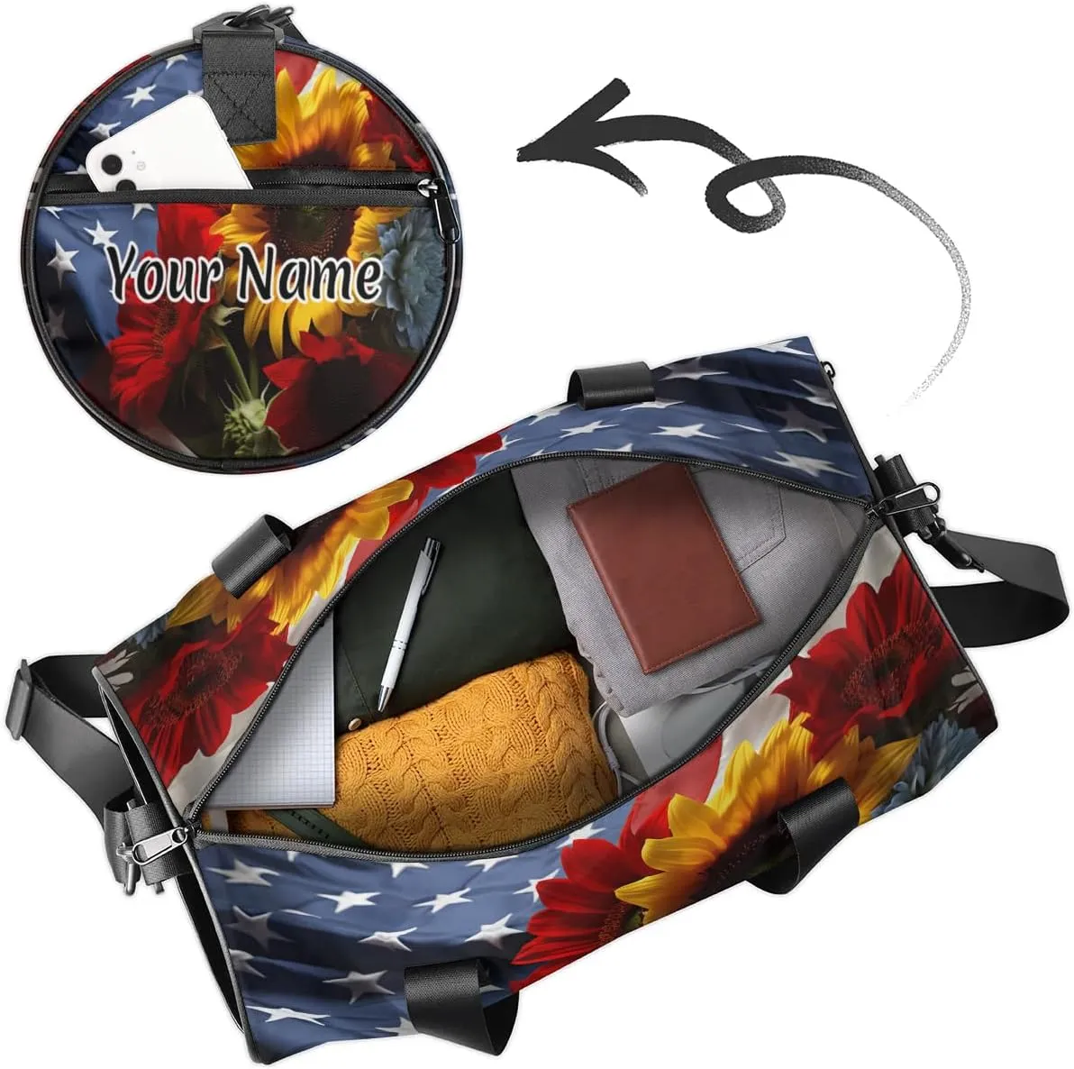 Personalized Duffel Bag for Women, Custom American Flag Gym Bag for Sports, Waterproof Dance Bag with Name, Lightweight Carryon Gym Bag, Memorial Day Flowers