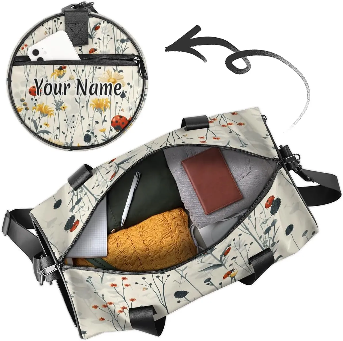 Personalized Duffel Bag for Women, Custom Animals Ladybugs Gym Bag for Sports, Waterproof Dance Bag with Name, Lightweight Carryon Gym Bag, Wildflower