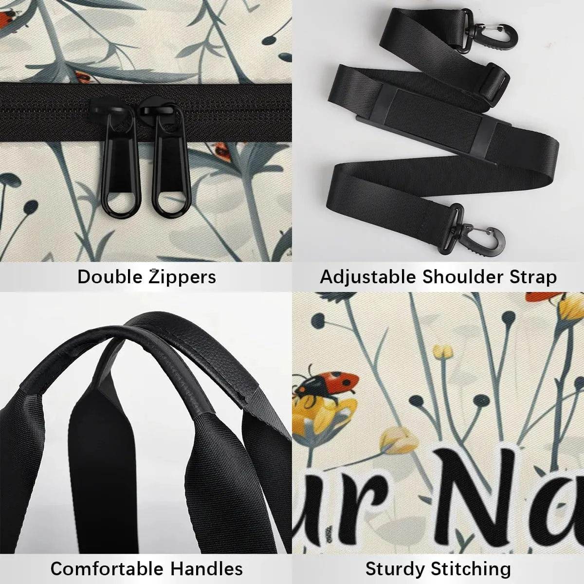Personalized Duffel Bag for Women, Custom Animals Ladybugs Gym Bag for Sports, Waterproof Dance Bag with Name, Lightweight Carryon Gym Bag, Wildflower