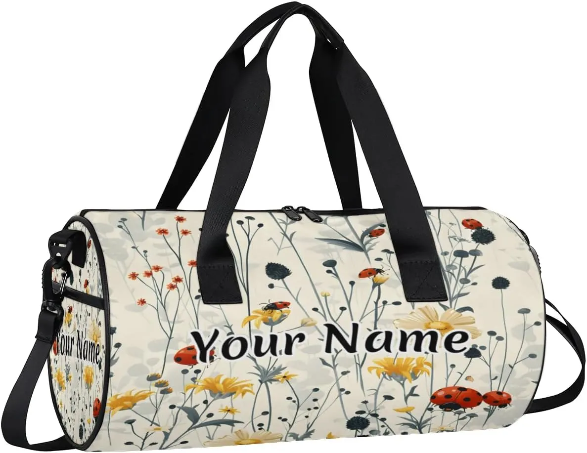 Personalized Duffel Bag for Women, Custom Animals Ladybugs Gym Bag for Sports, Waterproof Dance Bag with Name, Lightweight Carryon Gym Bag, Wildflower