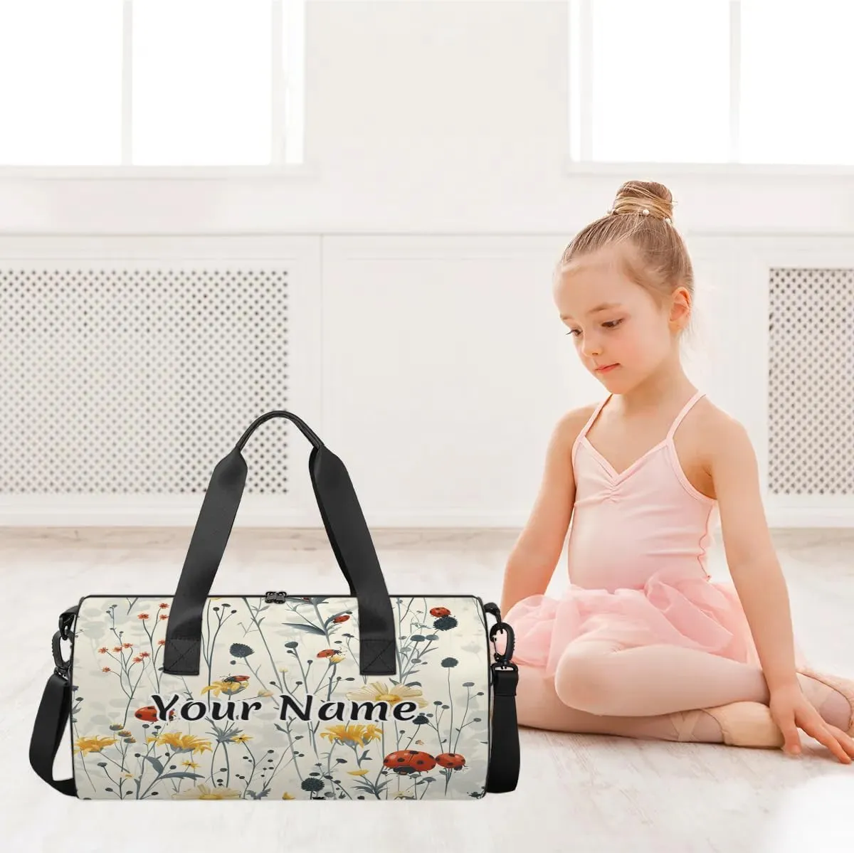Personalized Duffel Bag for Women, Custom Animals Ladybugs Gym Bag for Sports, Waterproof Dance Bag with Name, Lightweight Carryon Gym Bag, Wildflower
