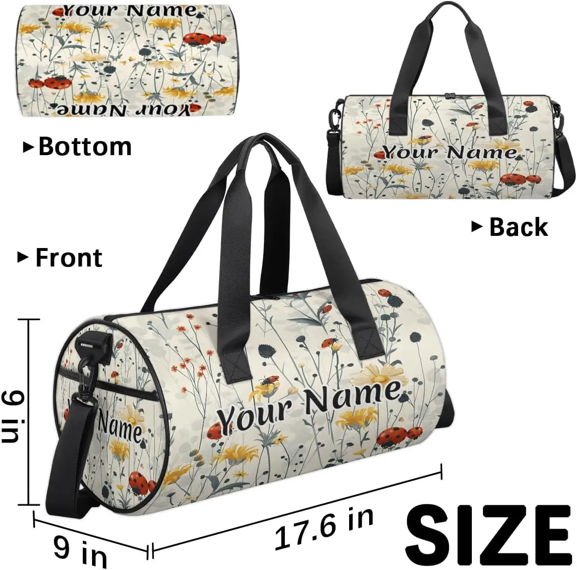 Personalized Duffel Bag for Women, Custom Animals Ladybugs Gym Bag for Sports, Waterproof Dance Bag with Name, Lightweight Carryon Gym Bag, Wildflower