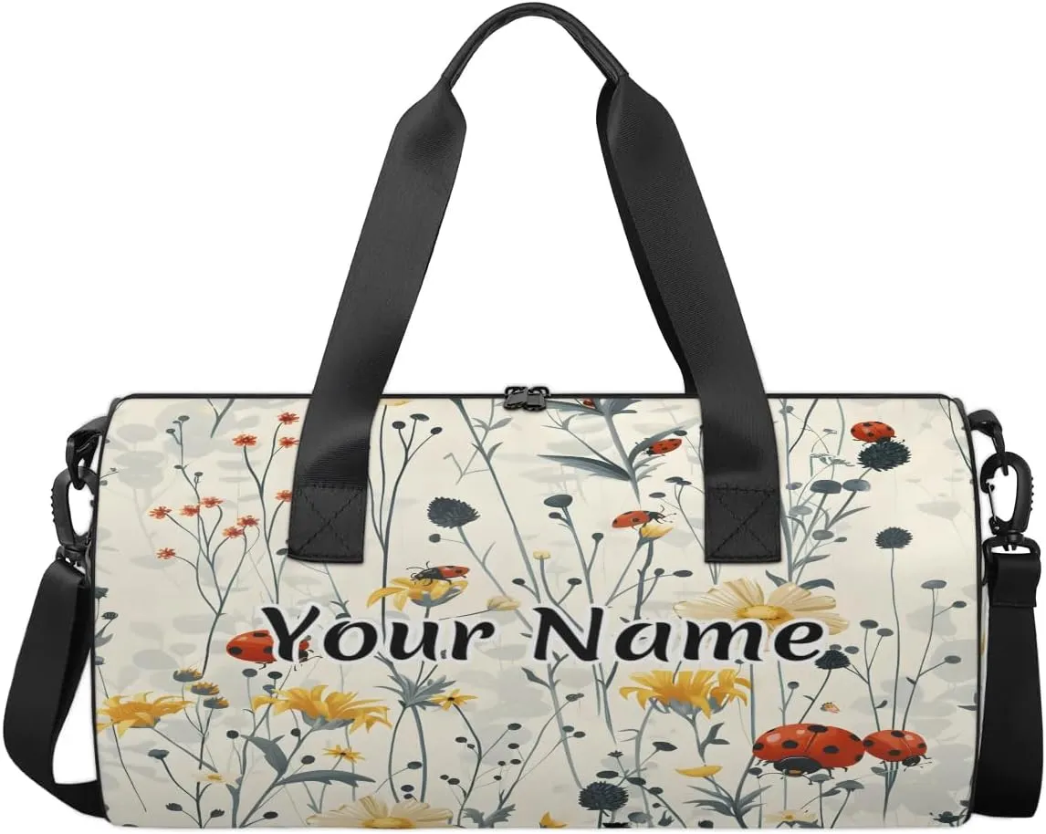 Personalized Duffel Bag for Women, Custom Animals Ladybugs Gym Bag for Sports, Waterproof Dance Bag with Name, Lightweight Carryon Gym Bag, Wildflower