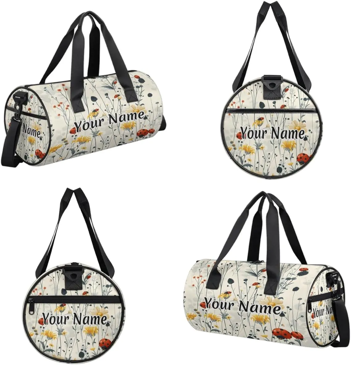 Personalized Duffel Bag for Women, Custom Animals Ladybugs Gym Bag for Sports, Waterproof Dance Bag with Name, Lightweight Carryon Gym Bag, Wildflower