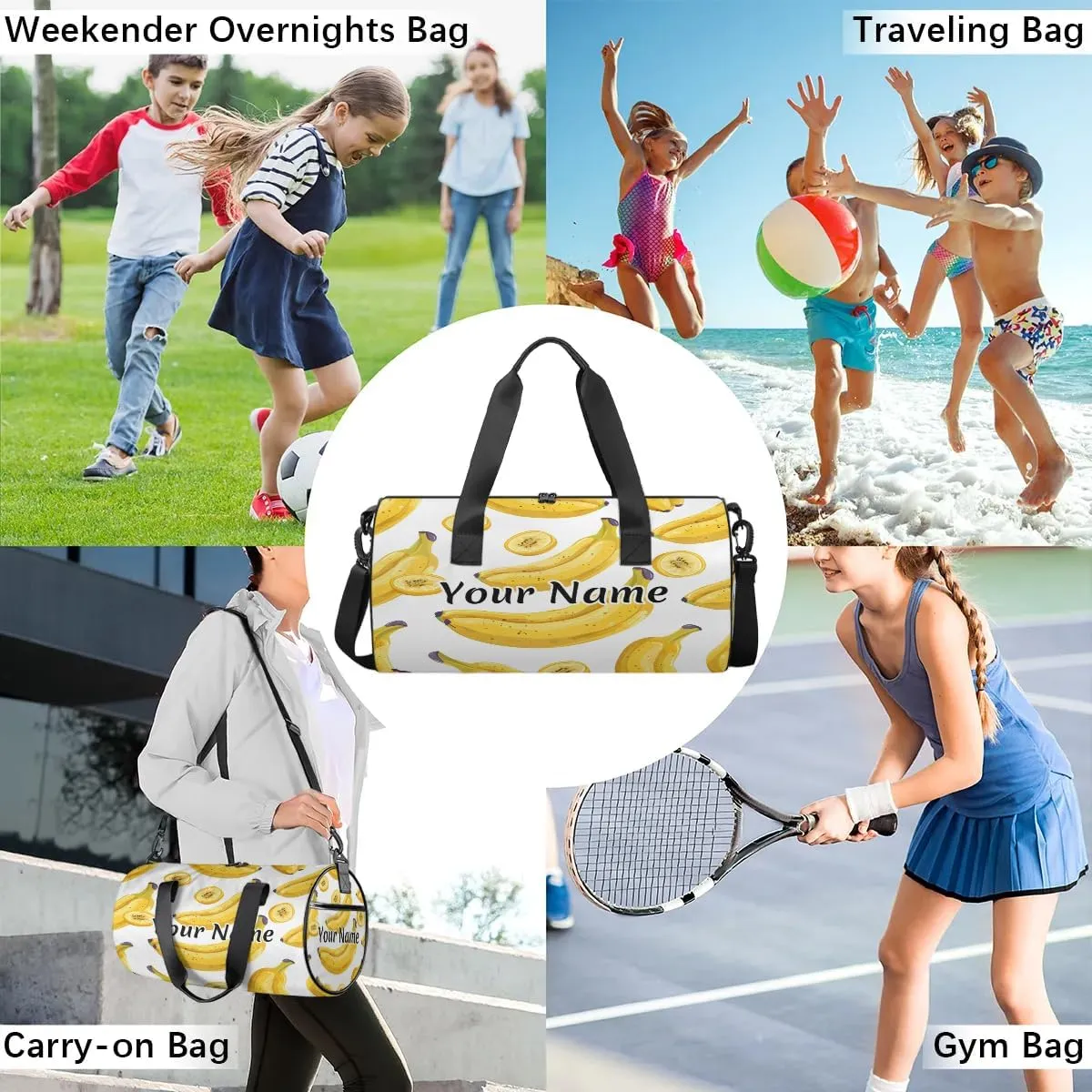 Personalized Duffel Bag for Women, Custom Cartoon Banana Gym Bag for Sports, Waterproof Dance Bag with Name, Lightweight Carryon Gym Bag, Banana Fruit