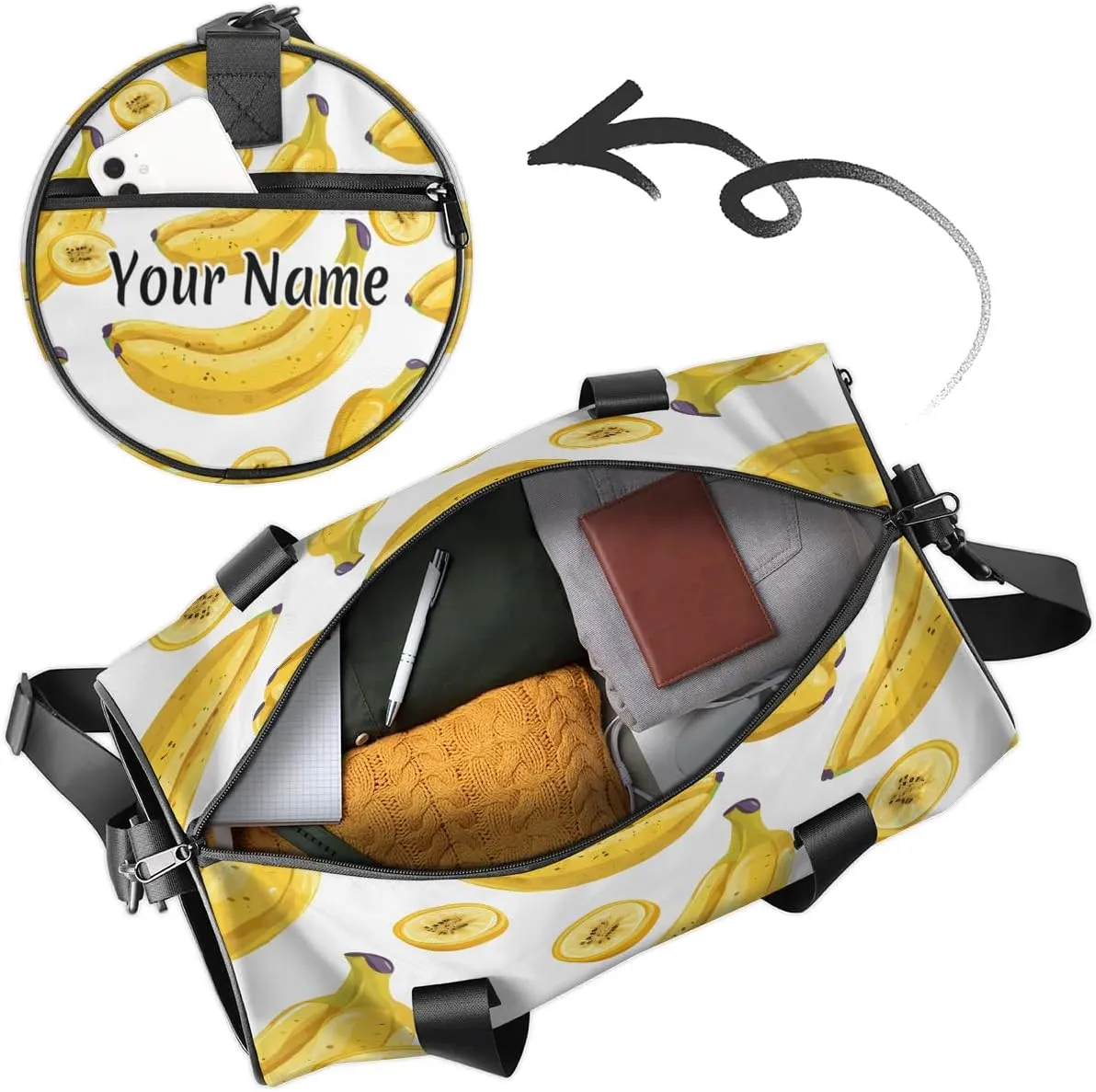 Personalized Duffel Bag for Women, Custom Cartoon Banana Gym Bag for Sports, Waterproof Dance Bag with Name, Lightweight Carryon Gym Bag, Banana Fruit