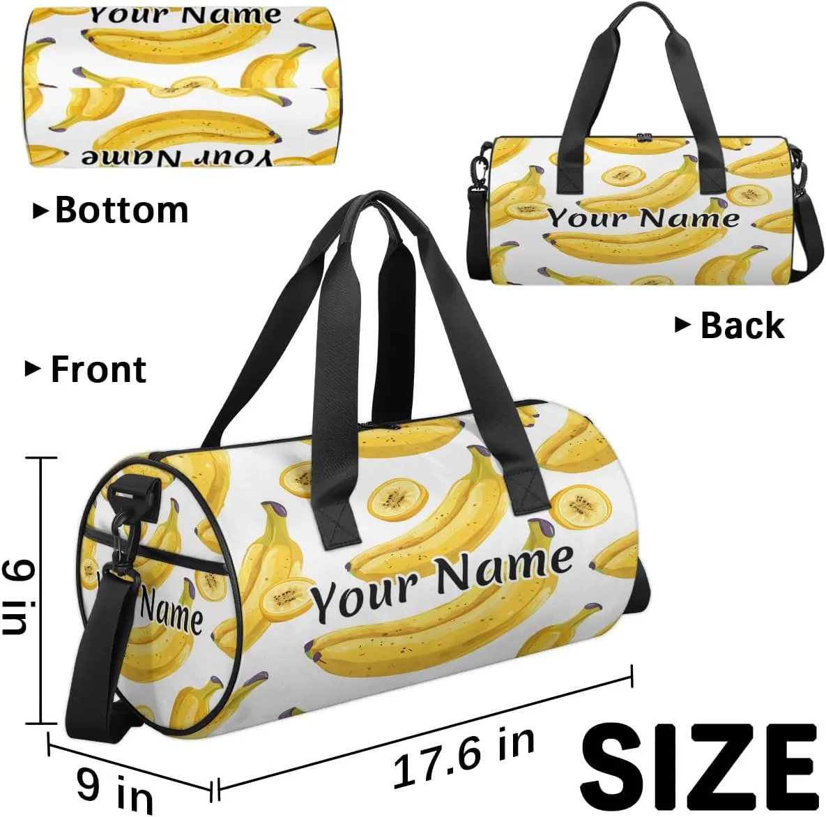 Personalized Duffel Bag for Women, Custom Cartoon Banana Gym Bag for Sports, Waterproof Dance Bag with Name, Lightweight Carryon Gym Bag, Banana Fruit