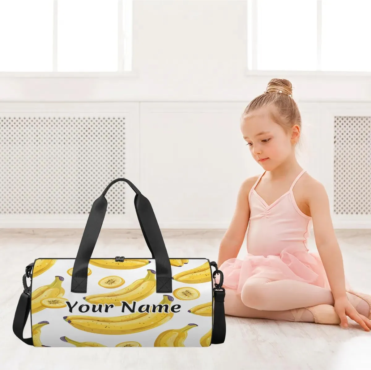 Personalized Duffel Bag for Women, Custom Cartoon Banana Gym Bag for Sports, Waterproof Dance Bag with Name, Lightweight Carryon Gym Bag, Banana Fruit