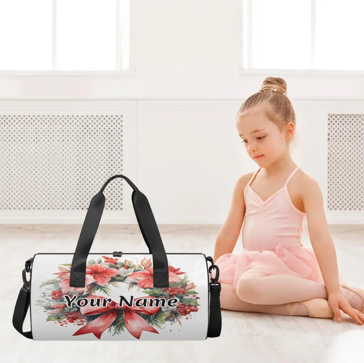 Personalized Duffel Bag for Women, Custom Flower Garland Gym Bag for Sports, Waterproof Dance Bag with Name, Lightweight Carryon Gym Bag, Bow Botanical Garland