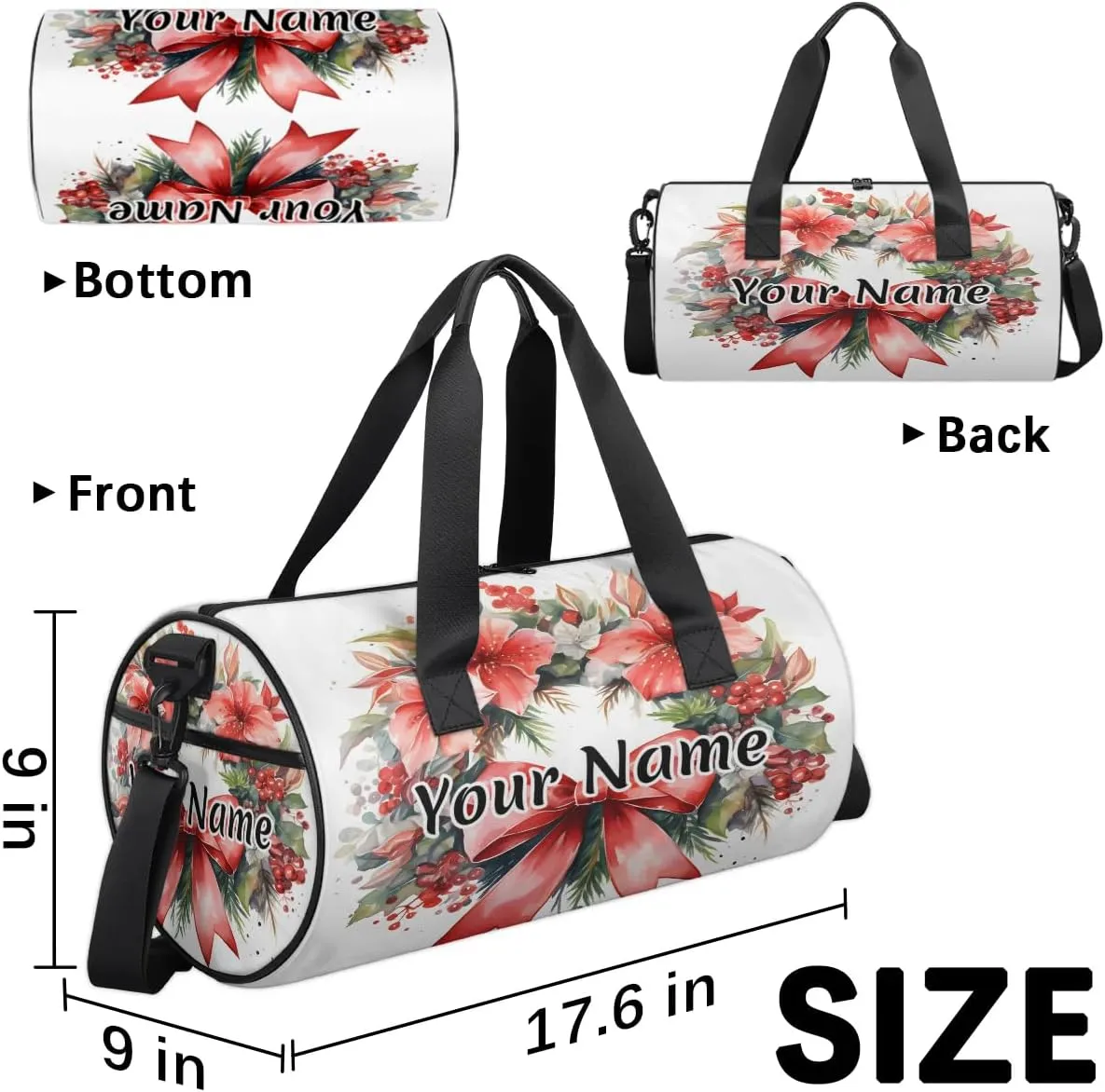 Personalized Duffel Bag for Women, Custom Flower Garland Gym Bag for Sports, Waterproof Dance Bag with Name, Lightweight Carryon Gym Bag, Bow Botanical Garland