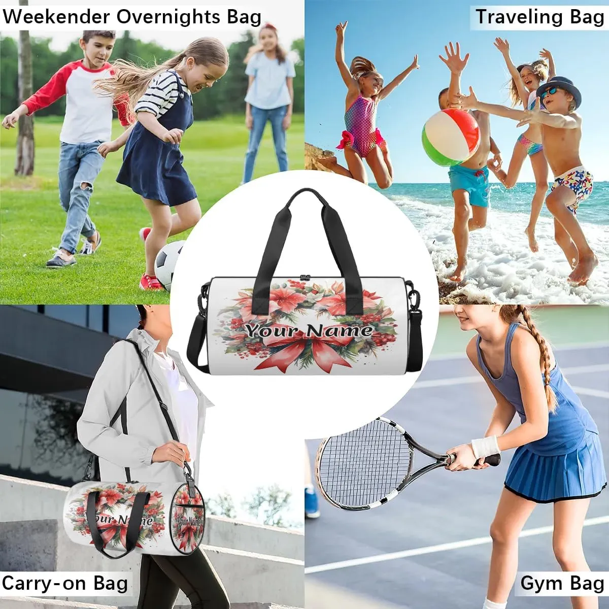 Personalized Duffel Bag for Women, Custom Flower Garland Gym Bag for Sports, Waterproof Dance Bag with Name, Lightweight Carryon Gym Bag, Bow Botanical Garland