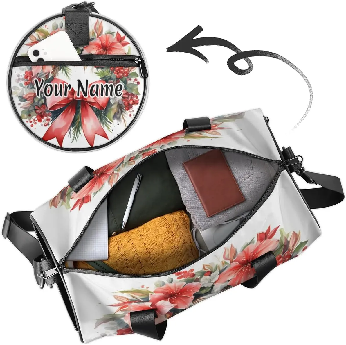 Personalized Duffel Bag for Women, Custom Flower Garland Gym Bag for Sports, Waterproof Dance Bag with Name, Lightweight Carryon Gym Bag, Bow Botanical Garland