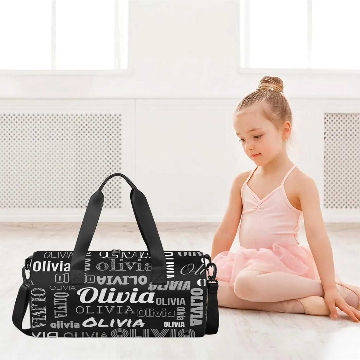 Personalized Duffel Bag with Name Custom Travel Sports Bag for Women Men Waterproof Round Dance Ballet Bag Lightweight 17.6in, Black