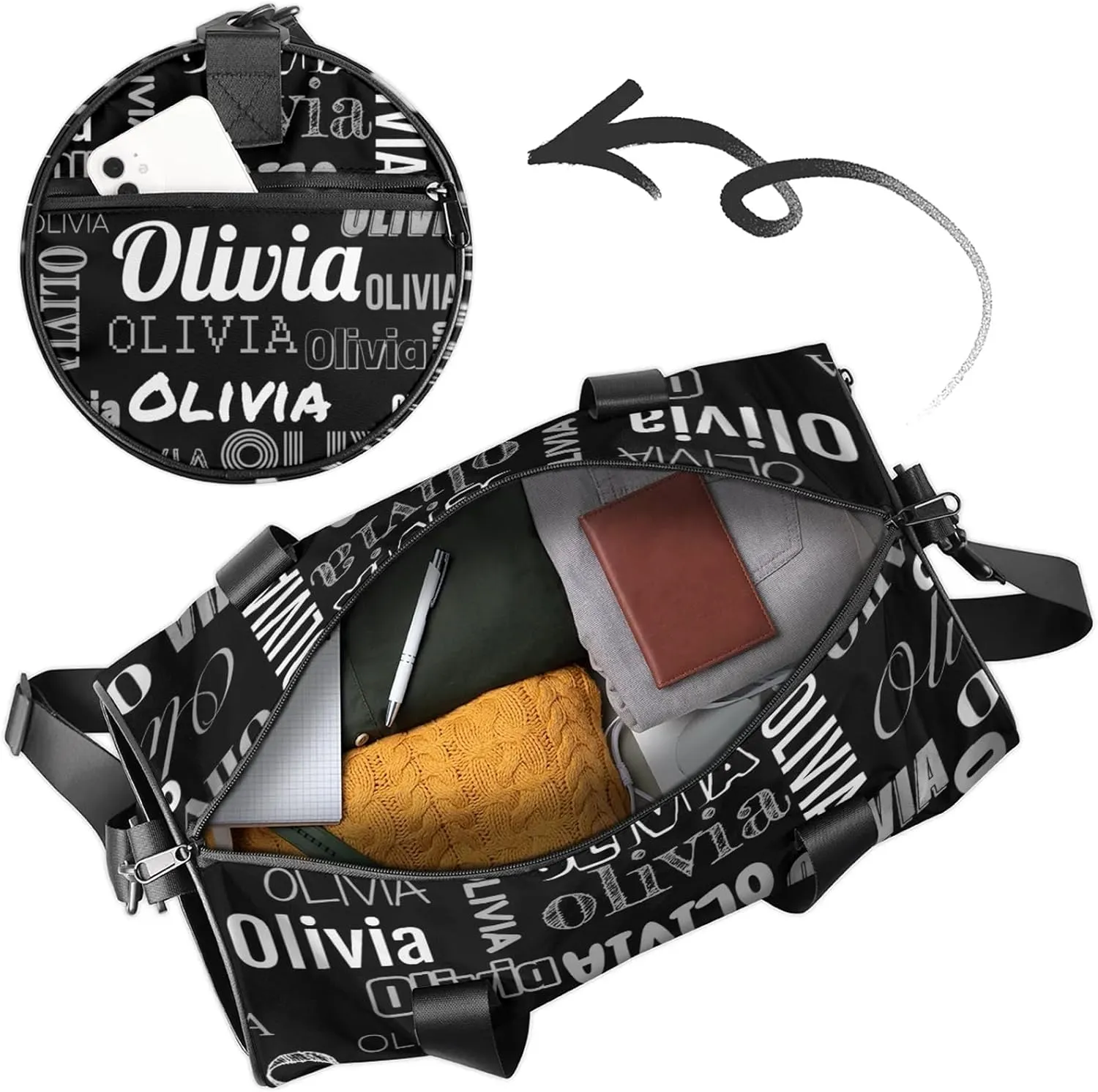 Personalized Duffel Bag with Name Custom Travel Sports Bag for Women Men Waterproof Round Dance Ballet Bag Lightweight 17.6in, Black