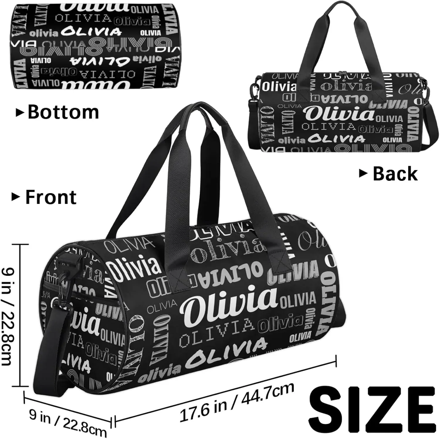 Personalized Duffel Bag with Name Custom Travel Sports Bag for Women Men Waterproof Round Dance Ballet Bag Lightweight 17.6in, Black