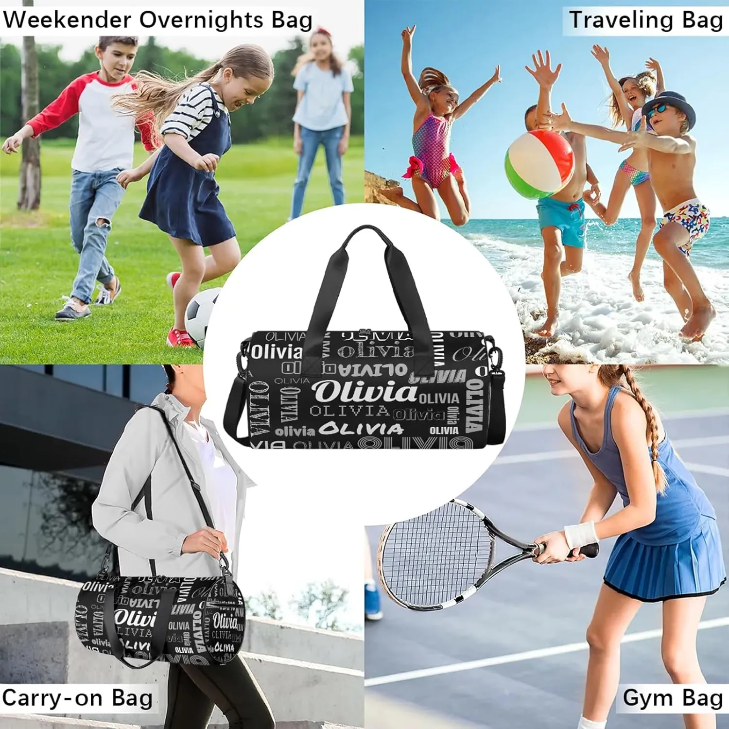 Personalized Duffel Bag with Name Custom Travel Sports Bag for Women Men Waterproof Round Dance Ballet Bag Lightweight 17.6in, Black