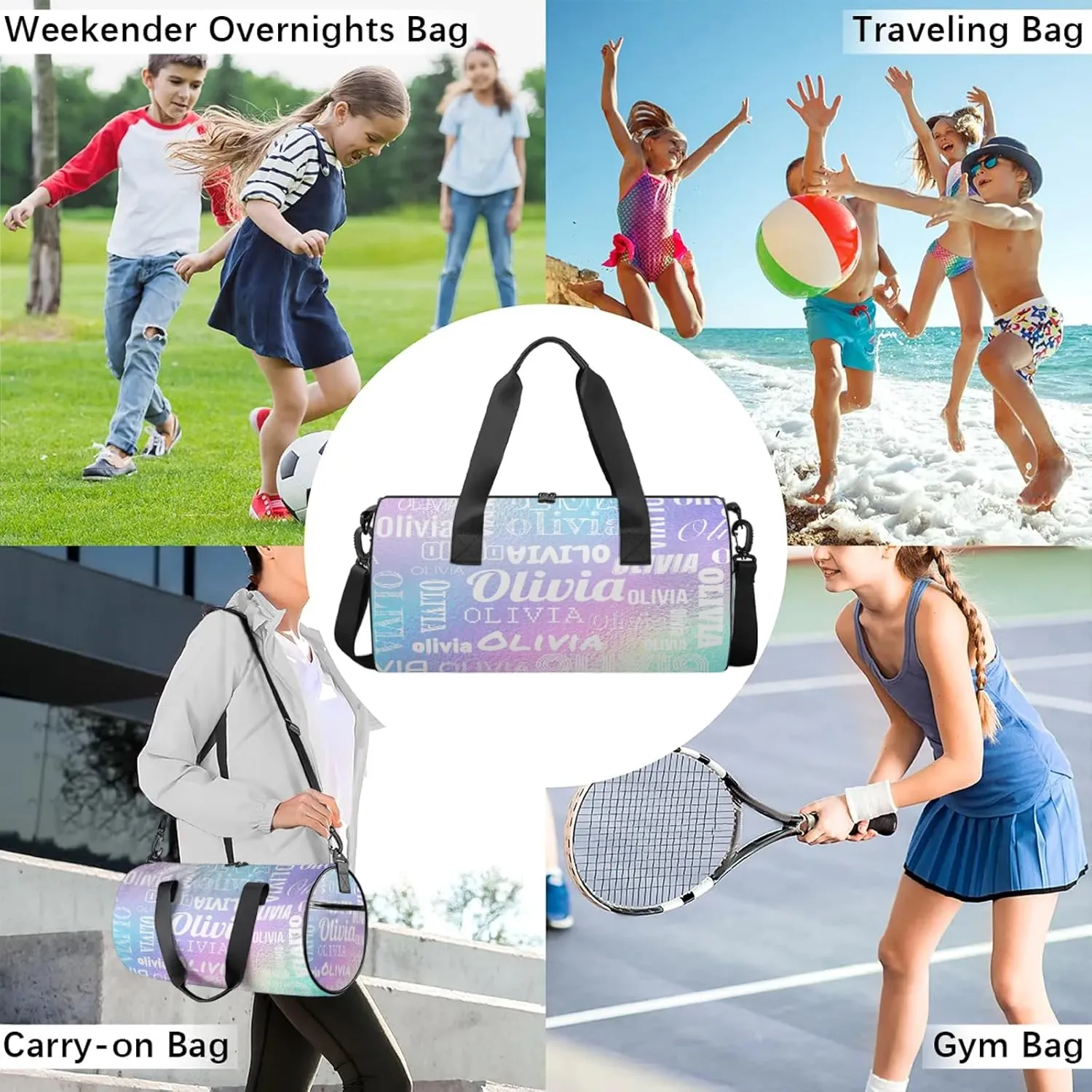 Personalized Duffel Bag with Name Custom Travel Sports Bag for Women Men Waterproof Round Dance Ballet Bag Lightweight 17.6in, Gradient Blue Purple