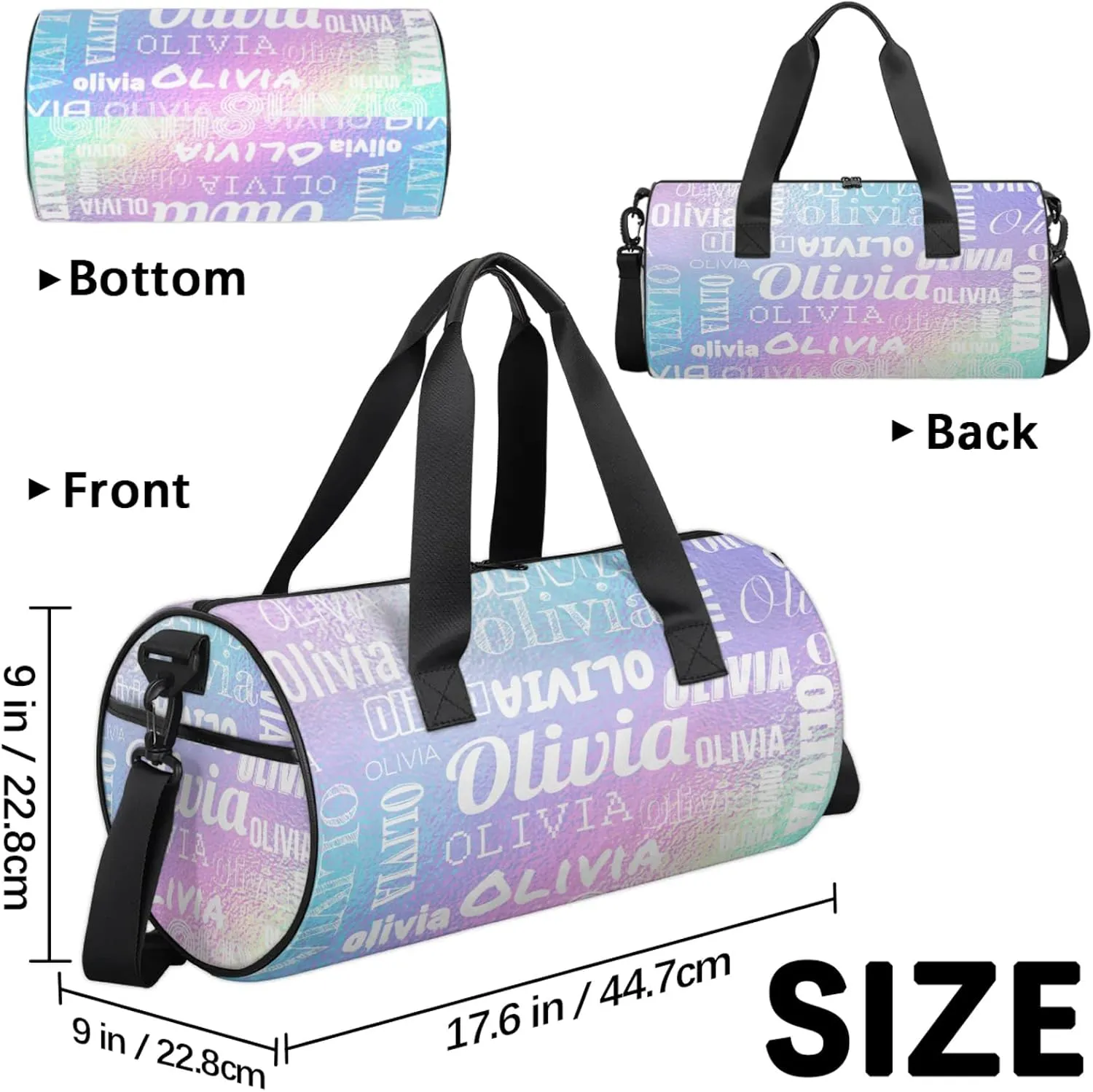 Personalized Duffel Bag with Name Custom Travel Sports Bag for Women Men Waterproof Round Dance Ballet Bag Lightweight 17.6in, Gradient Blue Purple