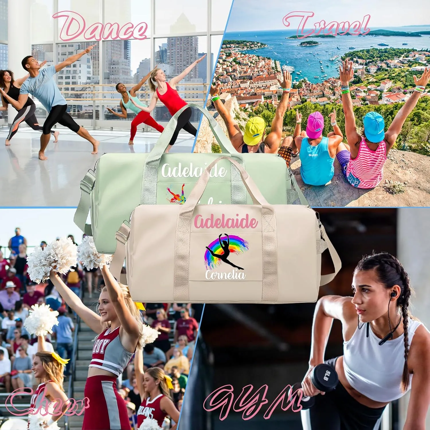Personalized Duffle Bags with Name Photo Custom Sports Gym Bag Travel with Wet Dry Pockets Shoe Compartment Customizable Duffle Bag for Dance Football Ballet Team Cheer-Dance