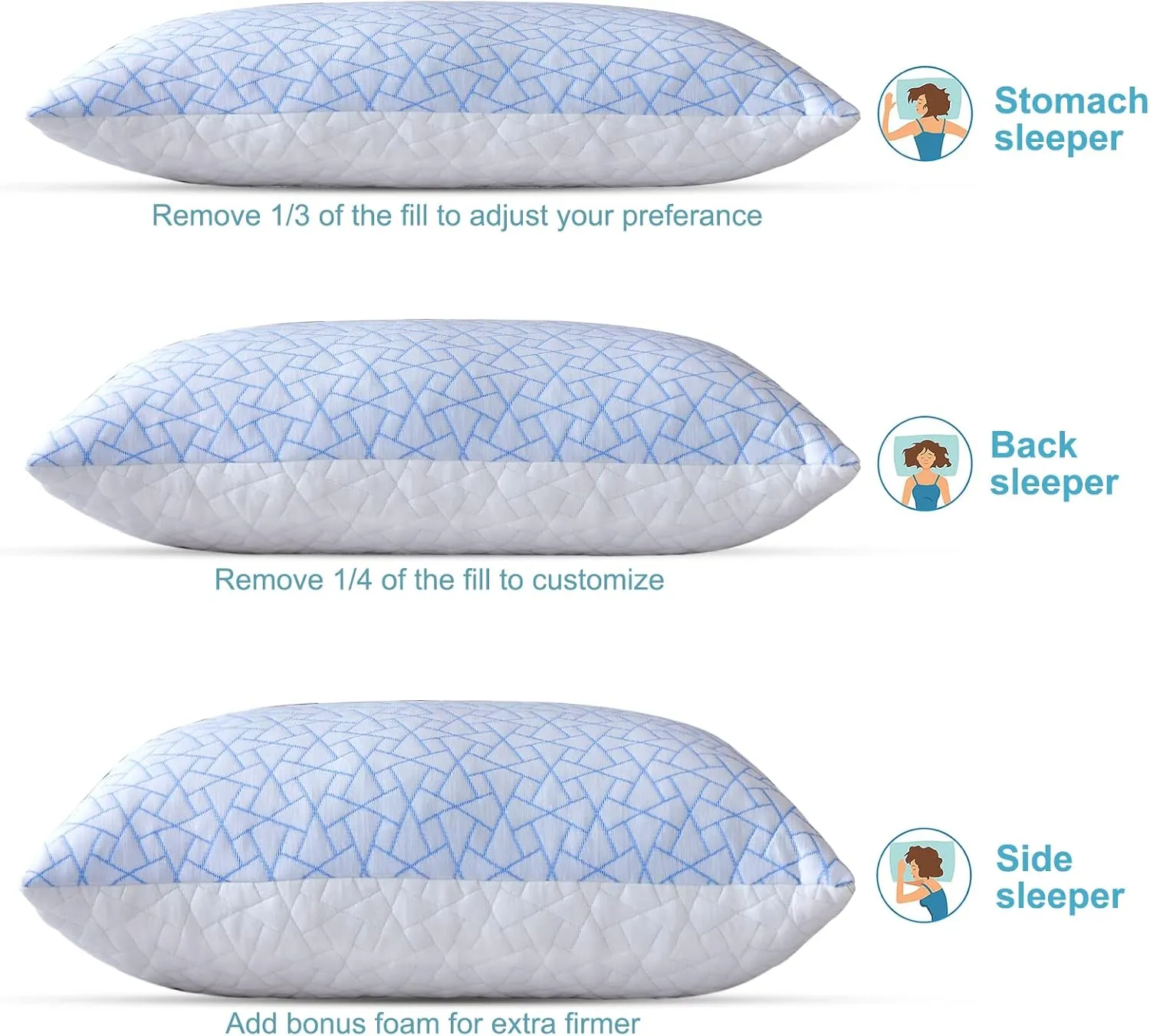 Pillows Standard Size Set of 2 - Standard Pillows Set of 2 - Adjustable Firm Pillow for Back Stomach and Side Sleeper - Shredded Memory Foam Cooling Pillow for Neck and Shoulder Pain