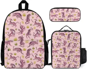 Pink Tigers And Tropical Leaves Lightweight Pocket Backpack Crossbody Lunch Bag Set Unisex