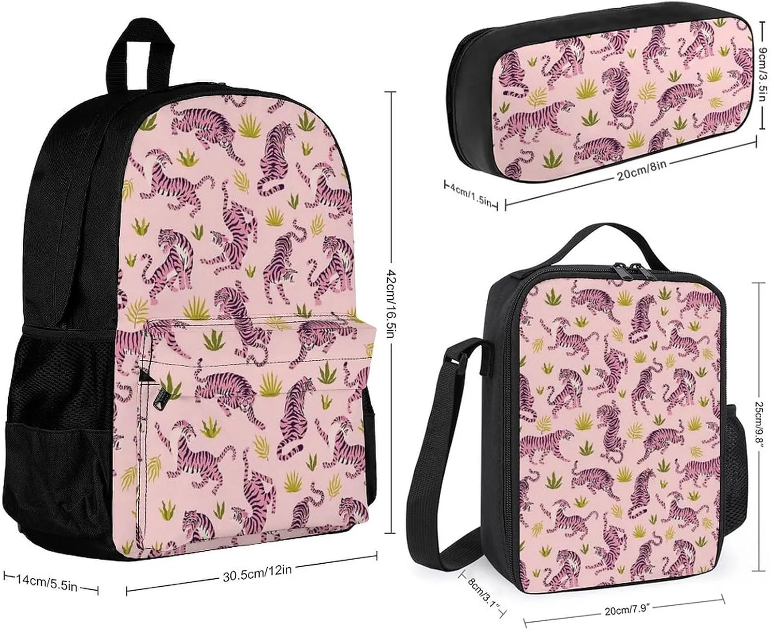 Pink Tigers And Tropical Leaves Lightweight Pocket Backpack Crossbody Lunch Bag Set Unisex