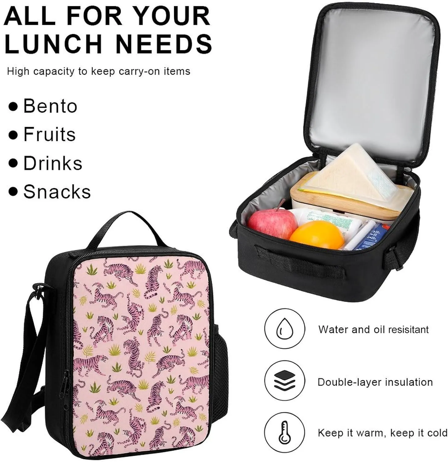 Pink Tigers And Tropical Leaves Lightweight Pocket Backpack Crossbody Lunch Bag Set Unisex