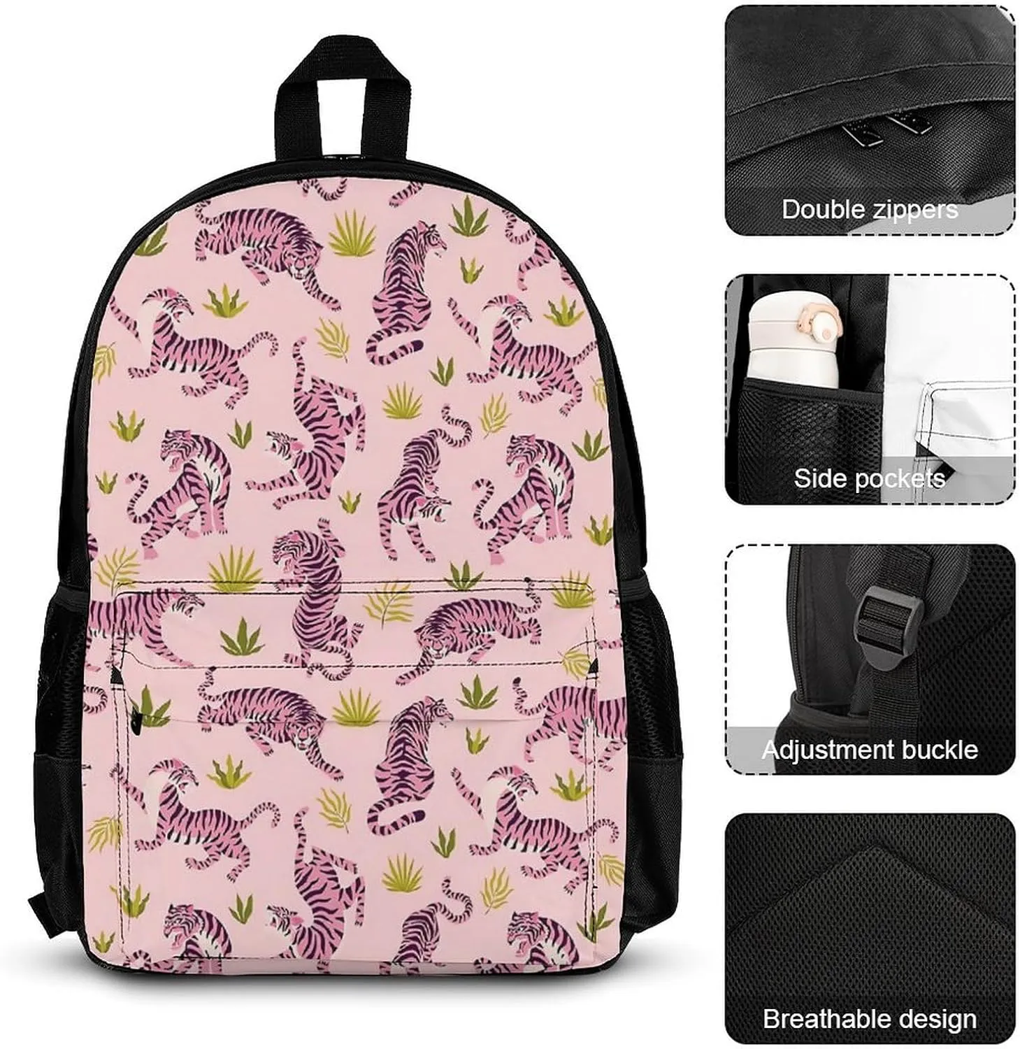 Pink Tigers And Tropical Leaves Lightweight Pocket Backpack Crossbody Lunch Bag Set Unisex