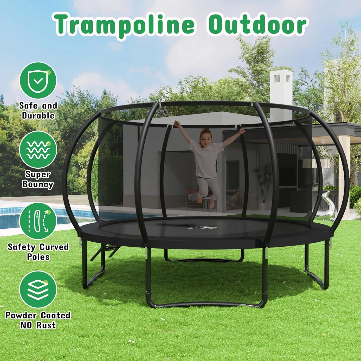Polar Aurora 10FT 12FT 14FT 16FT Outdoor Trampoline with Safety Enclosure Net, Thickened Spring Pad，ASTM Approved Recreational Trampoline for Kids and Adults,Anti-Rust Coated Frame and Thickened Mat