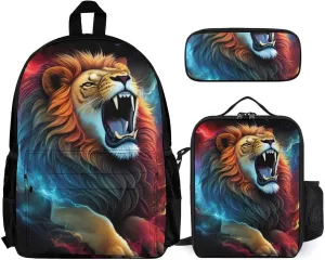 Polyester Cool Lion Space Universe Surreal Style Art Backpack Mens Backpack   Lunch Bag   Pencil Case Book Bag, One Size