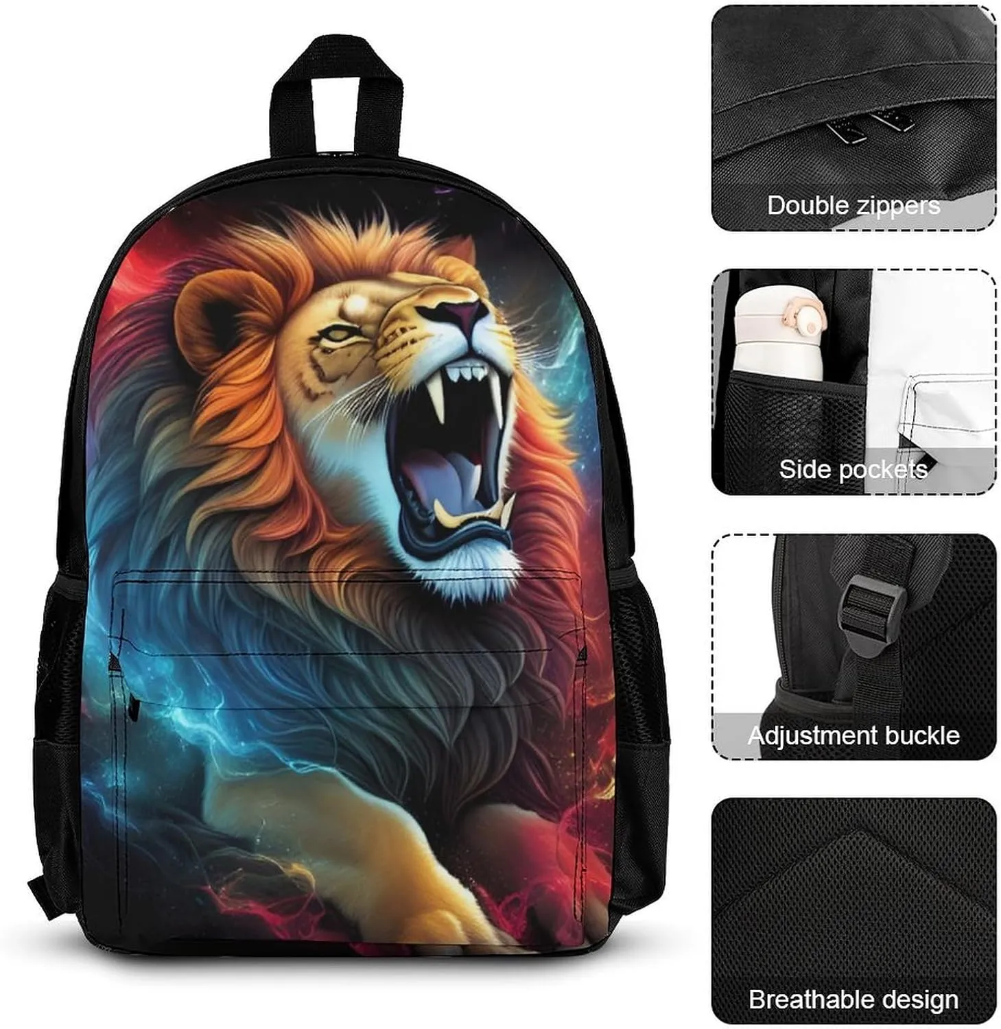 Polyester Cool Lion Space Universe Surreal Style Art Backpack Mens Backpack   Lunch Bag   Pencil Case Book Bag, One Size