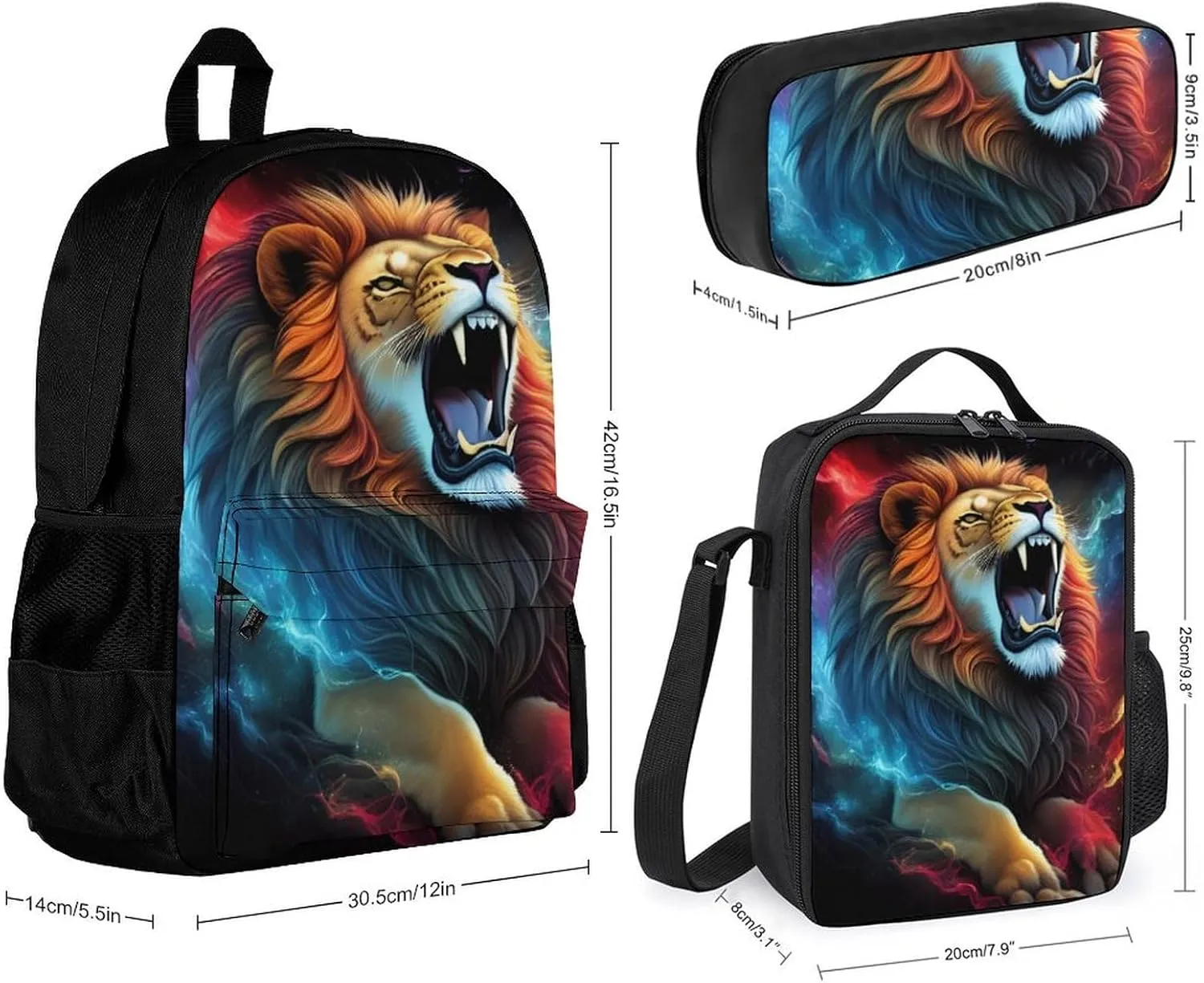 Polyester Cool Lion Space Universe Surreal Style Art Backpack Mens Backpack   Lunch Bag   Pencil Case Book Bag, One Size