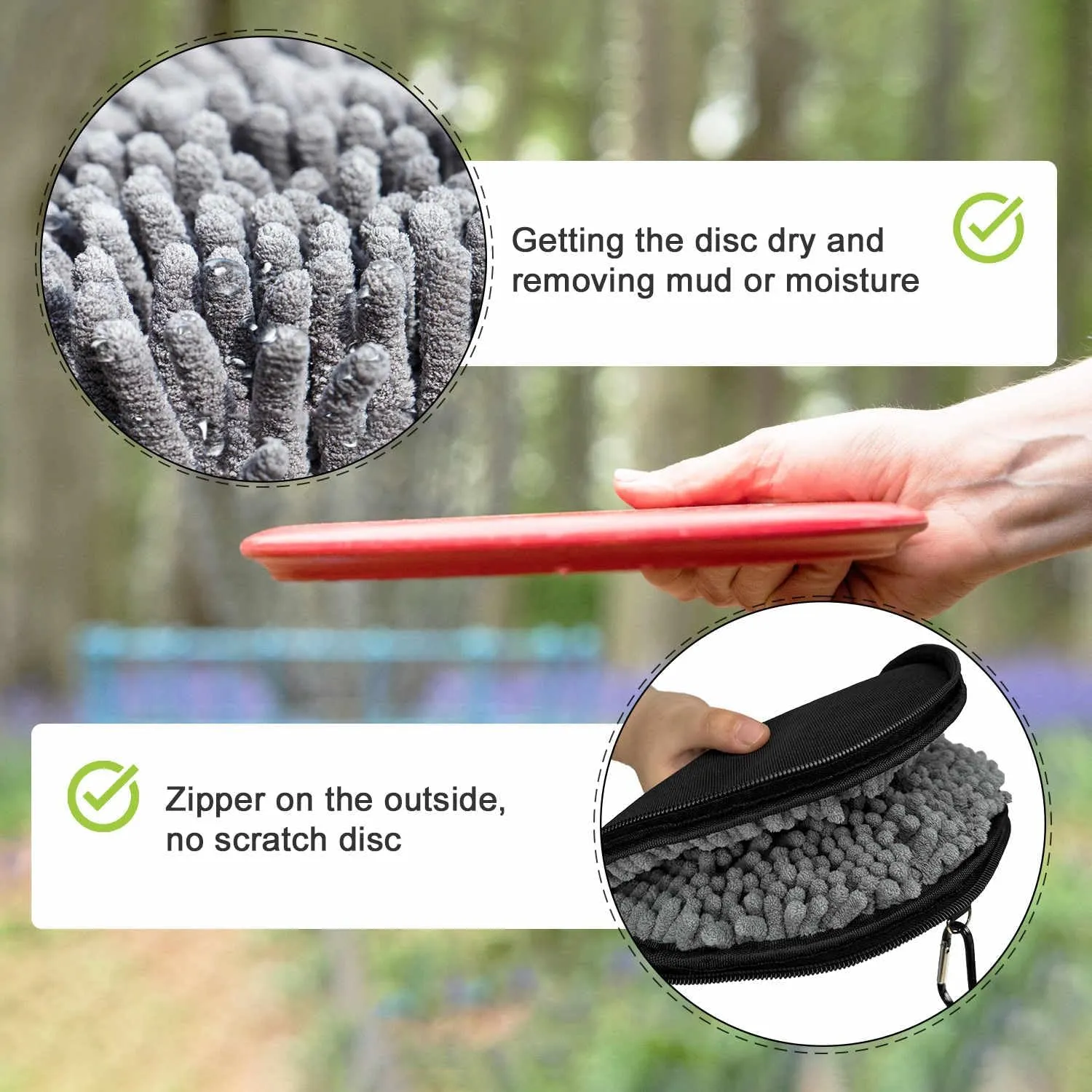 Portable Flying Disc Golf Cleaning Tool with Microfiber, Zipper & Carabiner, Hand Strap for Easy Use
