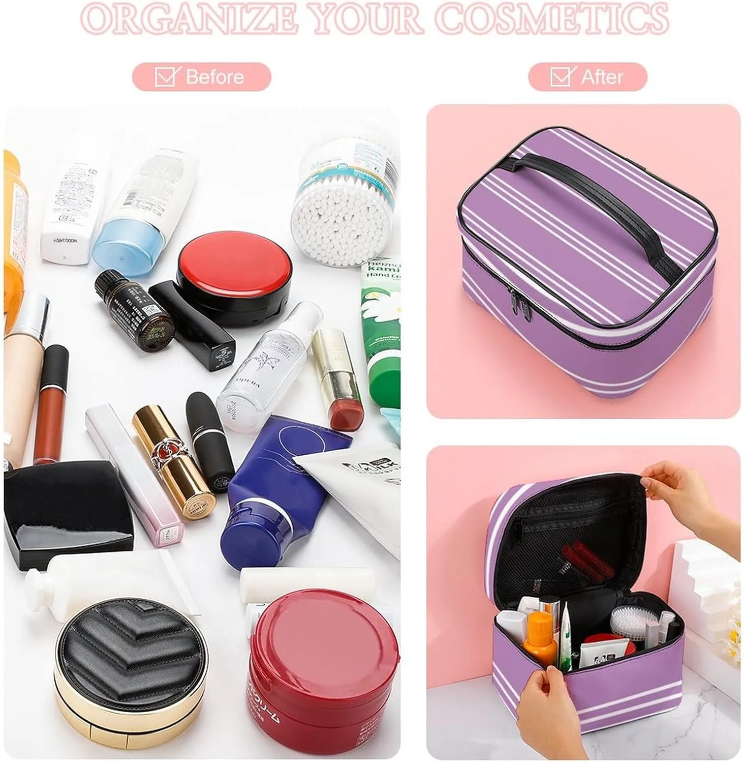 Portable Make Bag, Lilac Stripes Cosmetic Case Portable Cosmetic Portable Organizer for Men & Women