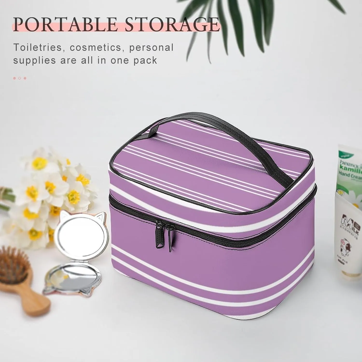 Portable Make Bag, Lilac Stripes Cosmetic Case Portable Cosmetic Portable Organizer for Men & Women