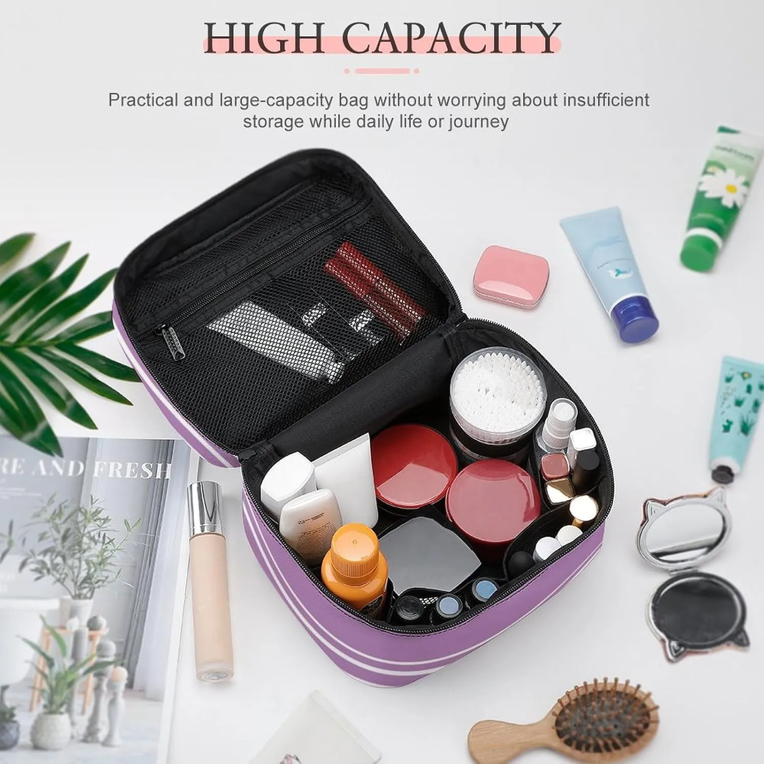 Portable Make Bag, Lilac Stripes Cosmetic Case Portable Cosmetic Portable Organizer for Men & Women