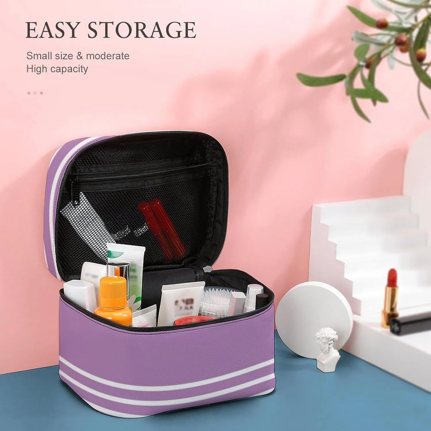 Portable Make Bag, Lilac Stripes Cosmetic Case Portable Cosmetic Portable Organizer for Men & Women