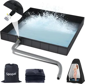 Portable Shower Pan, Foldable Shower Base & Basin Floor with Detachable Drain Pipe, for RV, Outdoor,Indoor Shower Stall Enclosures (Black)