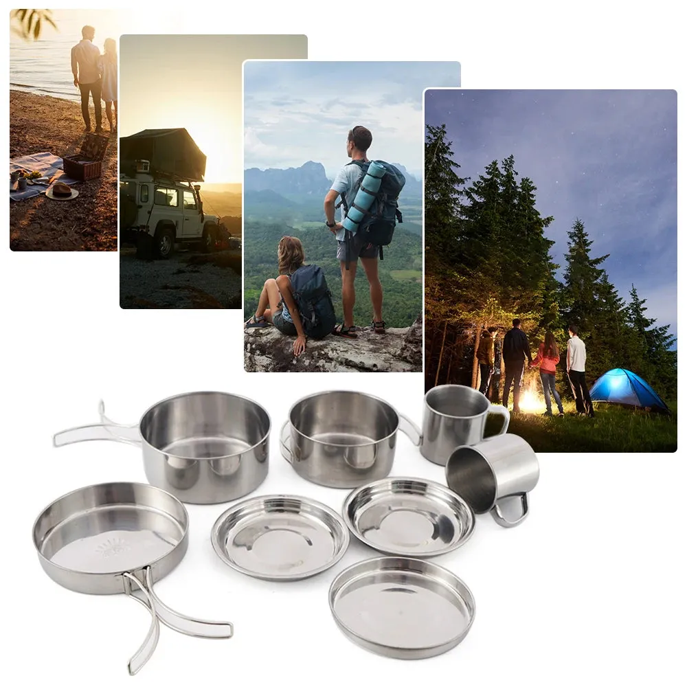 Portable Stainless Steel 8-Piece Camping Cookware Mess Kit - Pots, Pans, Cups & Plates, Foldable Handles, Ideal for 3-4 People