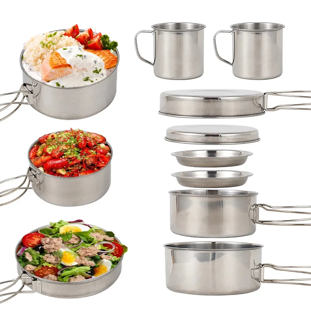 Portable Stainless Steel 8-Piece Camping Cookware Mess Kit - Pots, Pans, Cups & Plates, Foldable Handles, Ideal for 3-4 People
