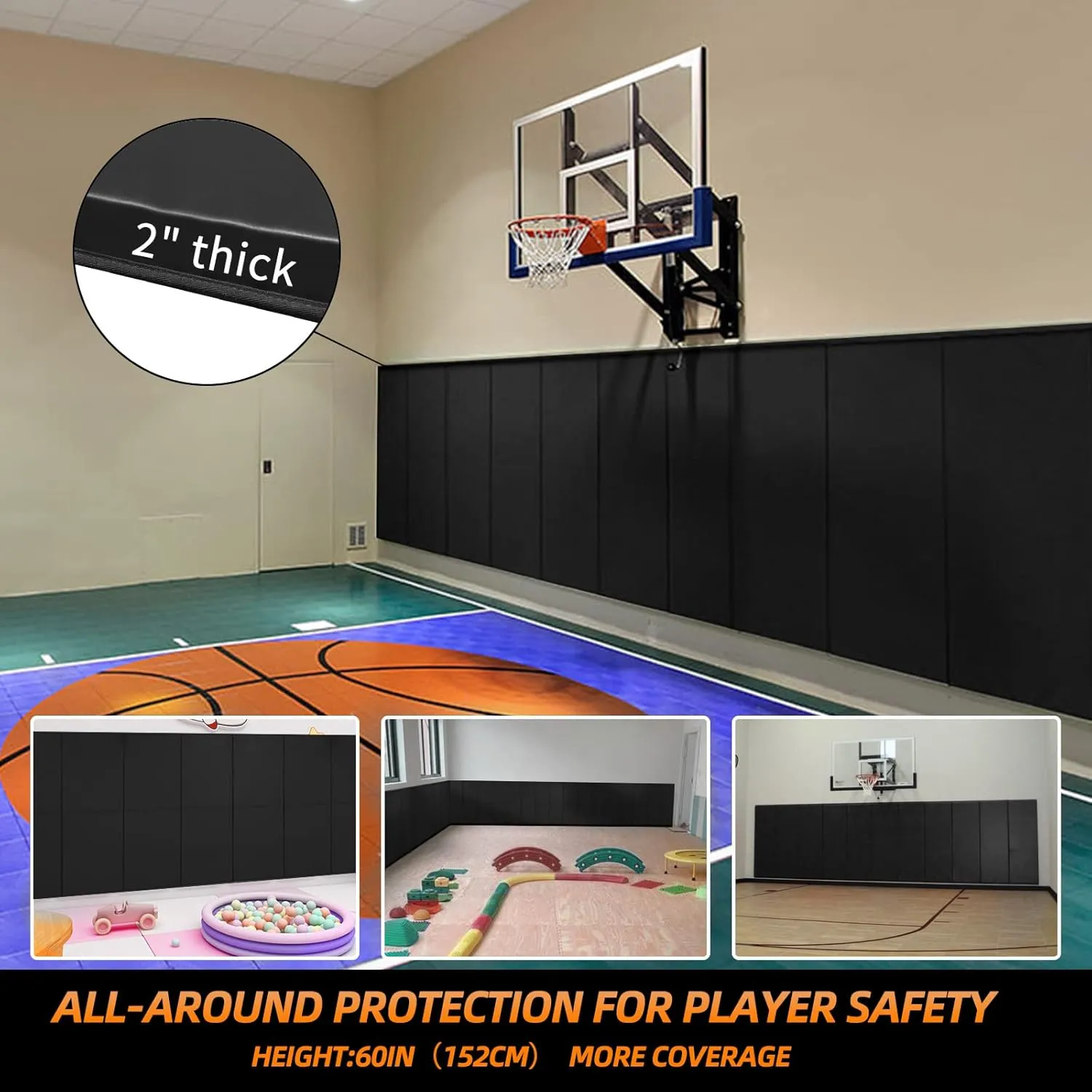 PROGOAL 6FT HighGym Wall Paddings Basketball Court Wall Protection Pad - 2”Thick Foam Wall Mat Durable Protector for Wall-Mounted Basketball Hoops Garage Taekwondo(72" L x 20" W)