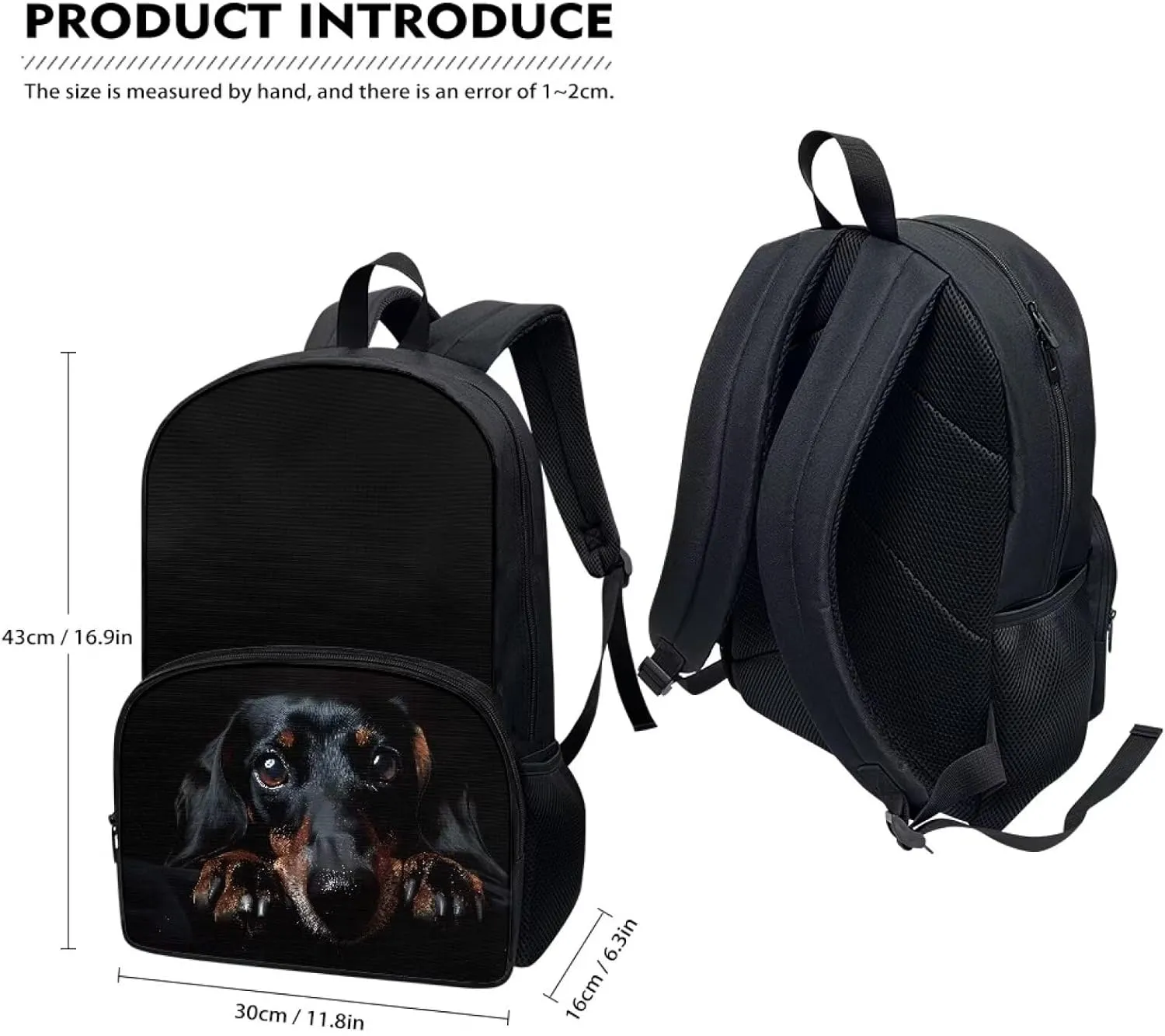 Puppy Dachshund Sausage Dogs School Backpack for Boys & Girls Black Dachshund Dog Backpack with Bottle Water Pocket School Bag for Teen Elementary Middle School Bookbags,17 Inch