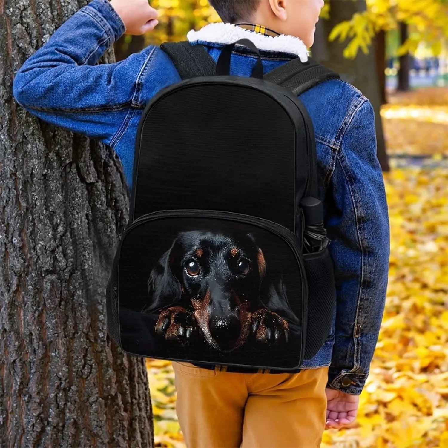 Puppy Dachshund Sausage Dogs School Backpack for Boys & Girls Black Dachshund Dog Backpack with Bottle Water Pocket School Bag for Teen Elementary Middle School Bookbags,17 Inch