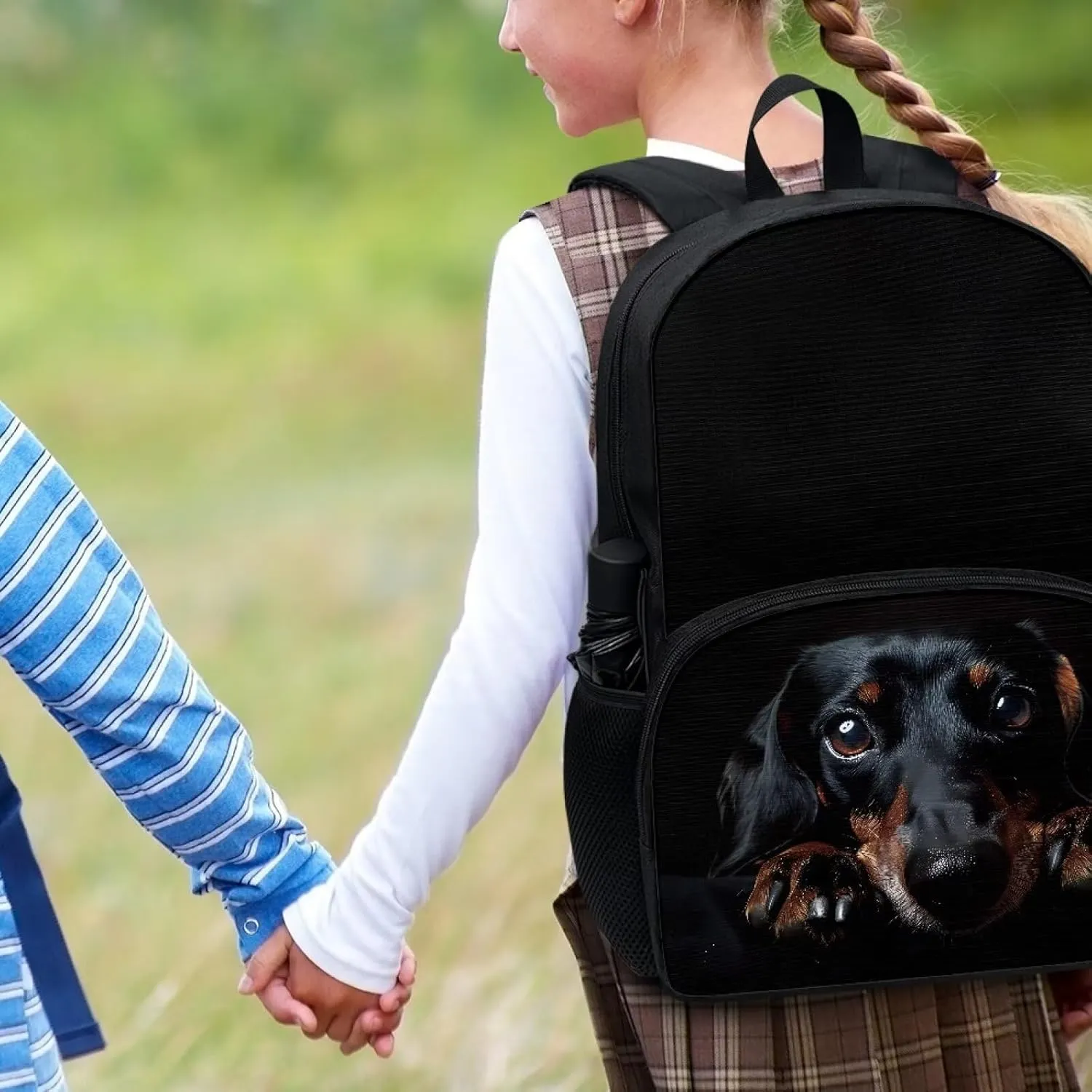Puppy Dachshund Sausage Dogs School Backpack for Boys & Girls Black Dachshund Dog Backpack with Bottle Water Pocket School Bag for Teen Elementary Middle School Bookbags,17 Inch