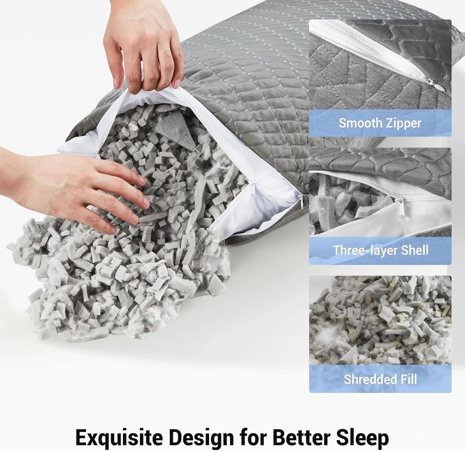 puredown Pillows Standard Size Set of 2, Shredded Memory Foam Pillows, Cooling Pillow for Sleeping, Bed Pillows Standard Size with Adjustable Foam for Side, Back and Stomach Sleepers, Grey