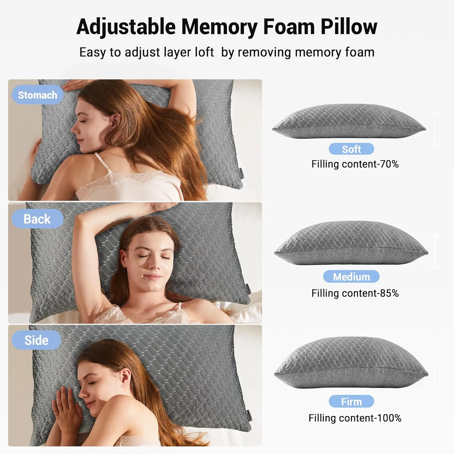 puredown Pillows Standard Size Set of 2, Shredded Memory Foam Pillows, Cooling Pillow for Sleeping, Bed Pillows Standard Size with Adjustable Foam for Side, Back and Stomach Sleepers, Grey